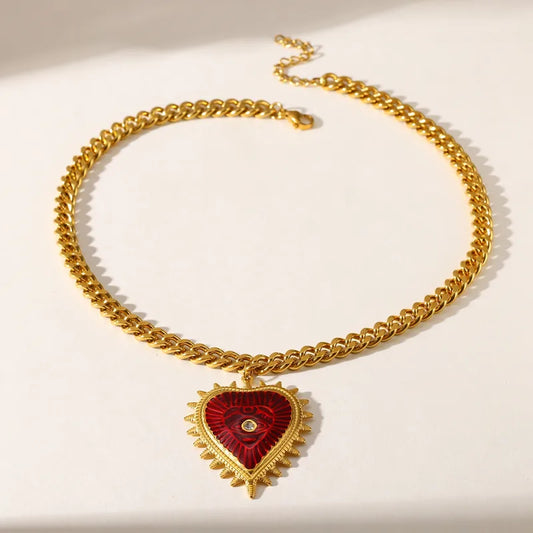 18K Gold Plated 304 Stainless Steel Vacuum Electroplating (In Furnace) Lip Heart Shape Oil Drop Cuban Chain/Curb Chain Pendant Necklace For Women Valentine's Day