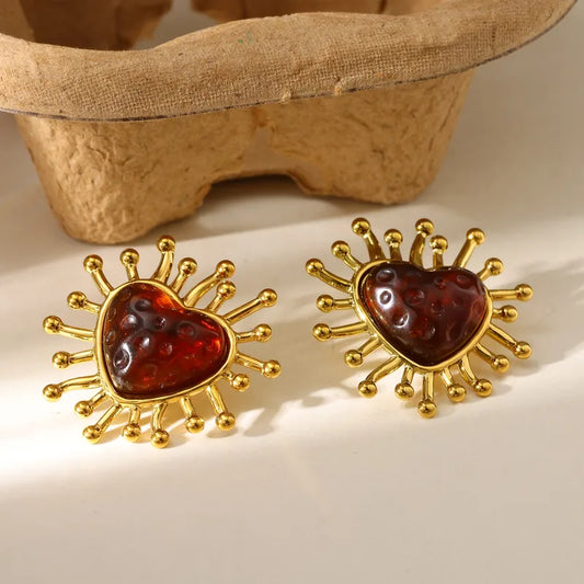 18K Gold Plated 304 Stainless Steel Vacuum Electroplating (In Furnace) Resin Heart-Shaped Earrings For Women Valentine's Day