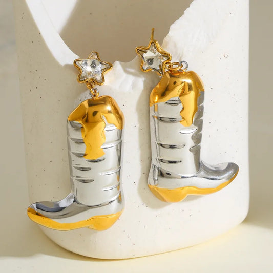 18K Gold Plated 304 Stainless Steel Vacuum Electroplating (In Furnace) Shoes Boots Pentagram Zircon Mixed Color (Jewelry Metal Contrast Color) Earrings