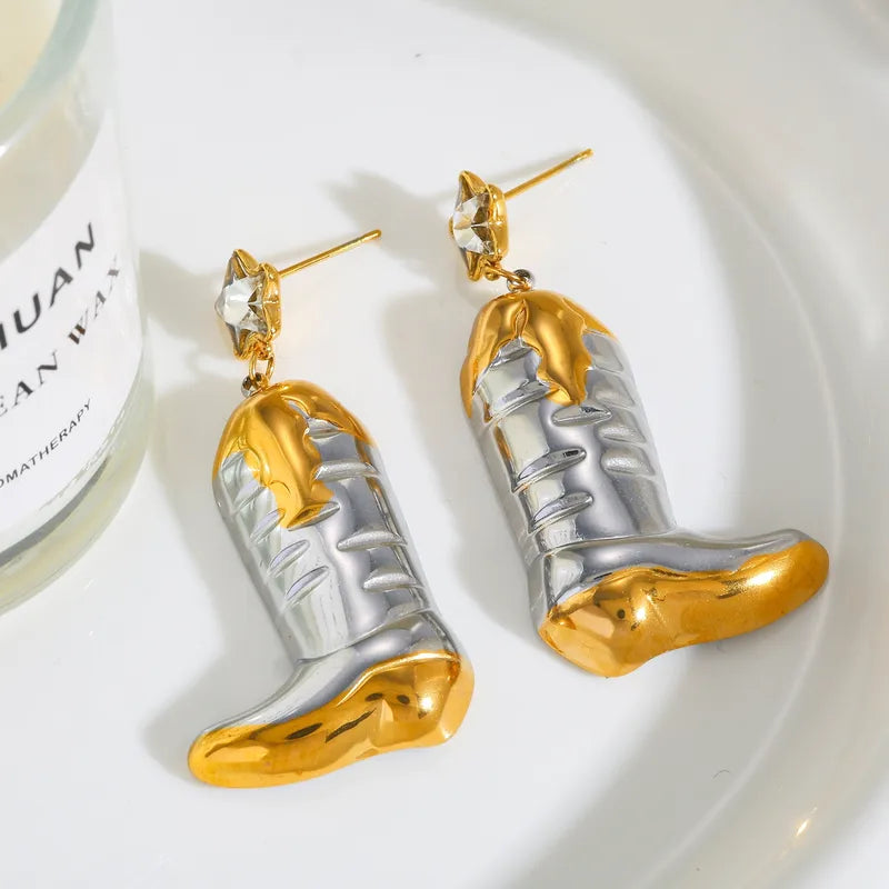 18K Gold Plated 304 Stainless Steel Vacuum Electroplating (In Furnace) Shoes Boots Pentagram Zircon Mixed Color (Jewelry Metal Contrast Color) Earrings