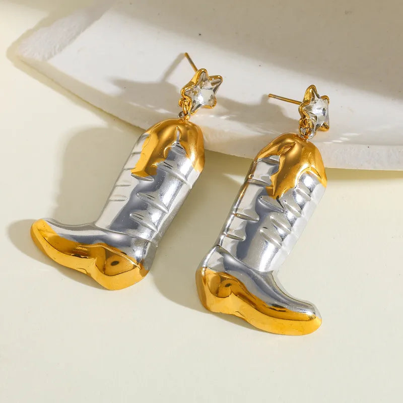 18K Gold Plated 304 Stainless Steel Vacuum Electroplating (In Furnace) Shoes Boots Pentagram Zircon Mixed Color (Jewelry Metal Contrast Color) Earrings