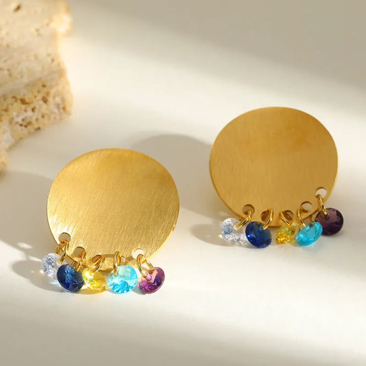 18K Gold Plated 304 Stainless Steel Vacuum Electroplating (In Furnace) Zircon Geometric Brushed Earrings For Women's Birthday Party