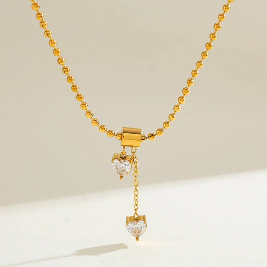 18K Gold Plated 304 Stainless Steel Vacuum Electroplating (In Furnace) Zircon Heart-Shaped Ball Chain Pendant Necklace For Women Valentine's Day
