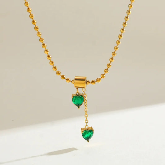 18K Gold Plated 304 Stainless Steel Vacuum Electroplating (In Furnace) Zircon Heart-Shaped Ball Chain Pendant Necklace For Women Valentine's Day