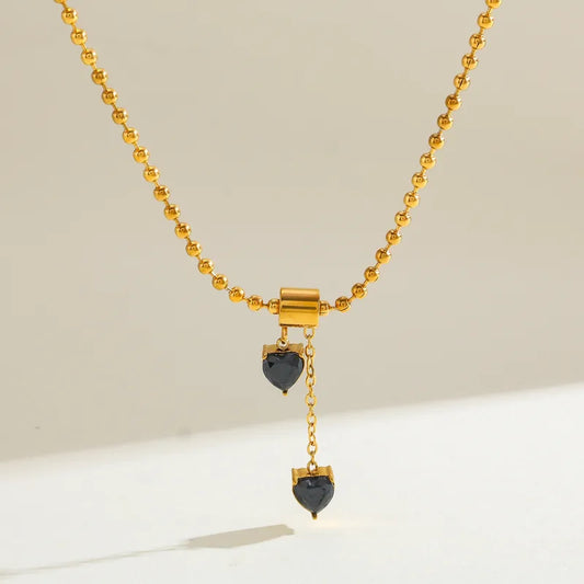 18K Gold Plated 304 Stainless Steel Vacuum Electroplating (In Furnace) Zircon Heart-Shaped Ball Chain Pendant Necklace For Women Valentine's Day