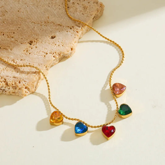 18K Gold Plated 304 Stainless Steel Vacuum Electroplating (In Furnace) Zircon Heart-Shaped Braided Chain Multi-Pendant Necklace For Women Valentine's Day