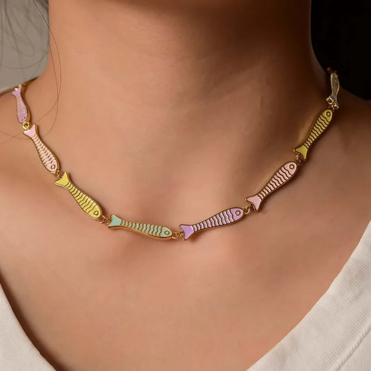 18K Gold Plated Adjustable Fishbone Necklace Enamel Drip Colorful Jewelry Collarbone Chain Crystal Inlaid Copper