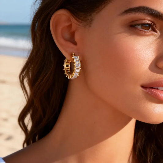 18K Gold Plated Circle Geometric Zircon Inlaid Snap-On 304 Stainless Steel Earrings