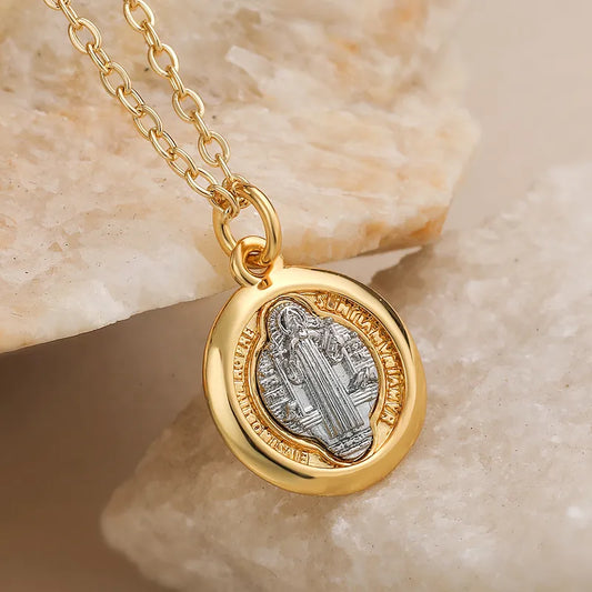 18K Gold Plated Copper Color-Block Virgin Mary Vintage Round Pendant Necklace For Women Clavicle Chain New