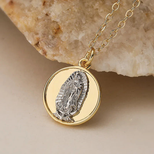 18K Gold Plated Copper Color-Block Virgin Mary Vintage Round Pendant Necklace For Women Clavicle Chain New