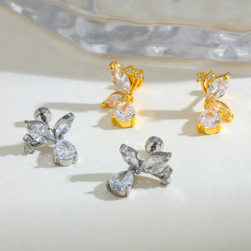 18K Gold Plated Copper Water Drop Zircon Leaf Casual Elegant Cute Earrings