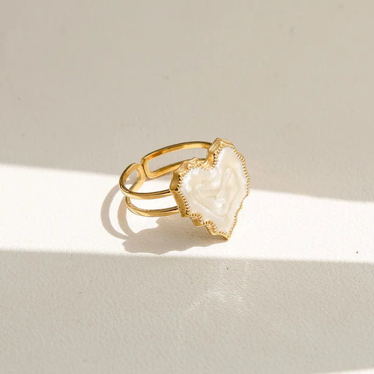 18K Gold Plated Stainless Steel Open Ring Adjustable Size Heart And Flower Pattern Rings For Women Casual Original Design Jewelry