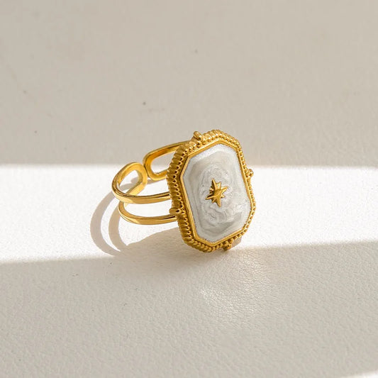 18K Gold Plated Stainless Steel Open Ring Adjustable Size Heart And Flower Pattern Rings For Women Casual Original Design Jewelry