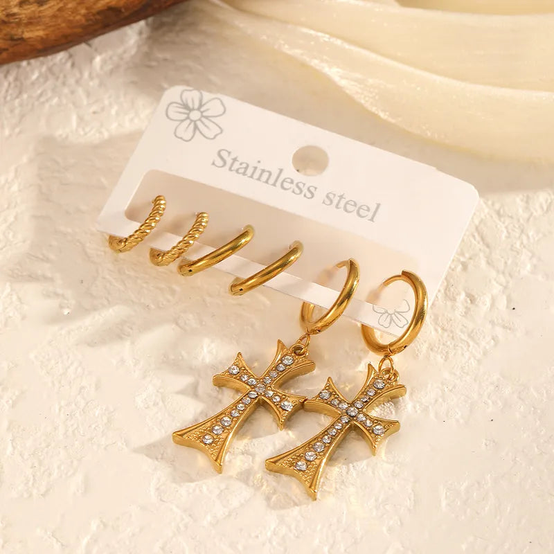 18K Gold Stainless Steel Cross Earring Set Women's Earrings Jewelry High-end Gold Earrings Magnetic Filling