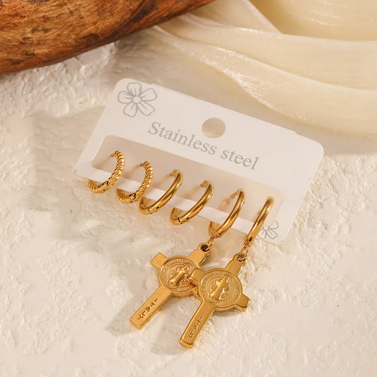 18K Gold Stainless Steel Cross Earring Set Women's Earrings Jewelry High-end Gold Earrings Magnetic Filling