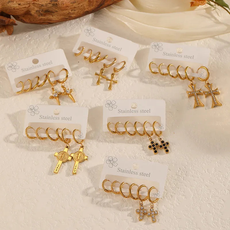 18K Gold Stainless Steel Cross Earring Set Women's Earrings Jewelry High-end Gold Earrings Magnetic Filling