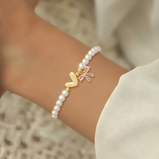 Classic Multi-Color Crystal Bowknot Heart-Shaped 18K Gold Plated Artificial Pearl Beaded Women's Bracelet Copper Chain Simple Style