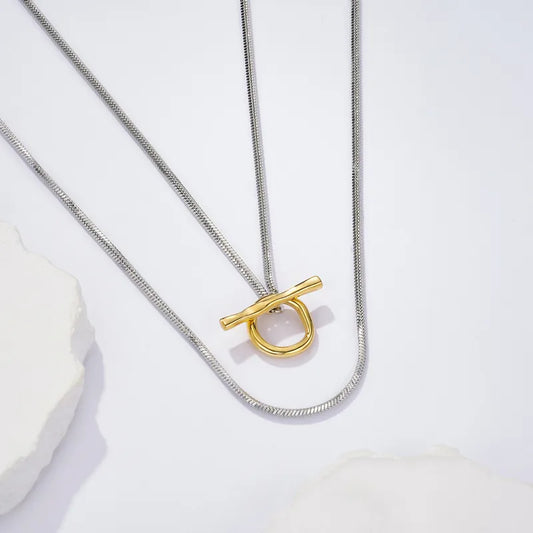 Color Block Double Layer Snake Bone Chain Necklace Personality OT Buckle Niche High-end Sense Stacking Sweater Chain Simple Fashion Elegant Women's Jewelry Accessories