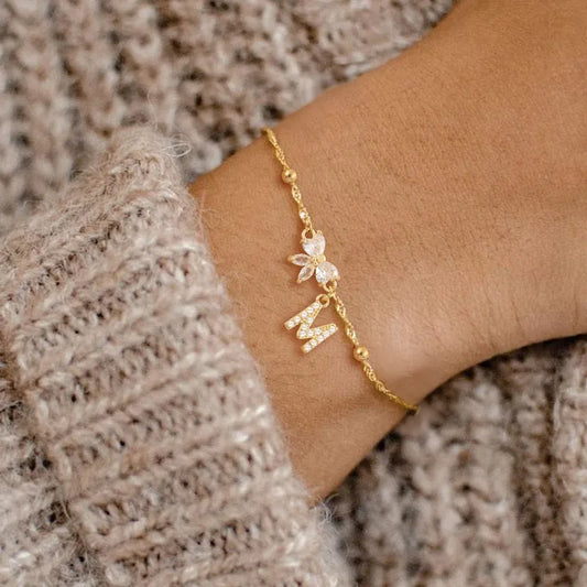 Elegant Initial Bowknot Gold 201 Stainless Steel Water Ripple Clip Ball Chain Women's Bracelet 18K Gold Plated