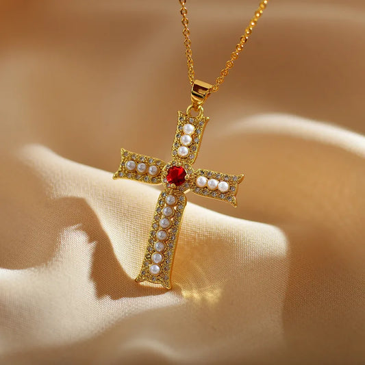 European Jewelry Copper Plated 18K Gold Zircon Cross Pendant Necklace Geometric Titanium Steel Women's Style