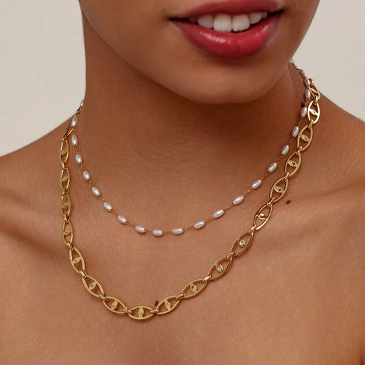 Fashion Layered Pearl Titanium Steel Necklace With Geometric Elements 18K Gold Plated Elegant Women's Jewelry Hip-Hop Style