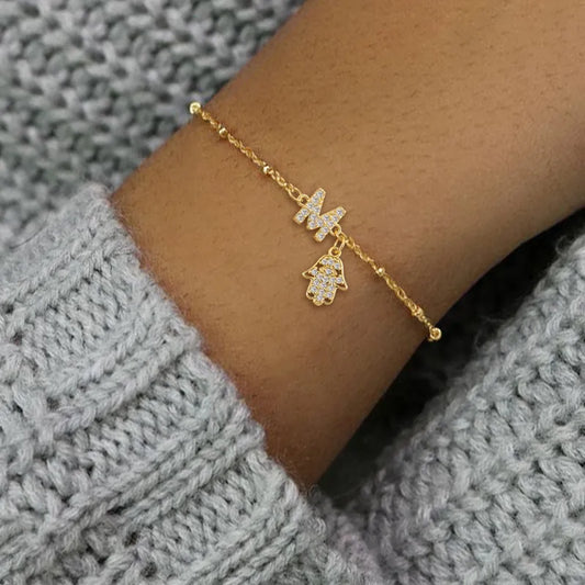 Fashionable Gold Plated Micro-Set Zircon Palm Letter Stainless Steel Beads Chain Women's Bracelet Elegant Simple Classic Style