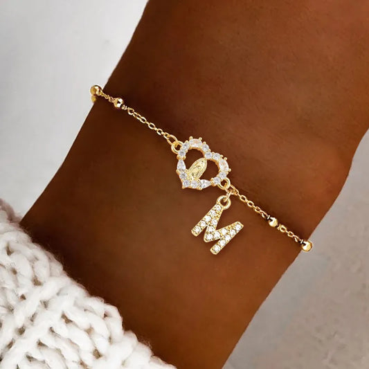 Fashionable Micro-Set Zircon Heart Shaped Saint Mary Initial Gold Stainless Steel Ball Clip Chain Women's Bracelet Lobster Clasp