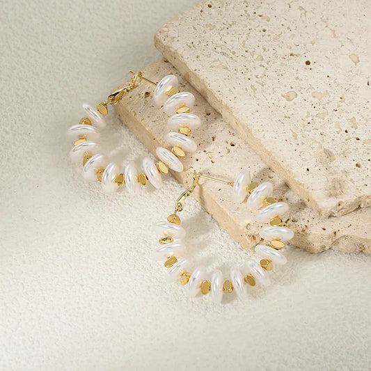 French Retro Baroque 18K Gold Plated Copper Vacuum Electroplated Flat Bead Round Hoop Earrings Artificial Pearl Waterproof Non-Fading For Women