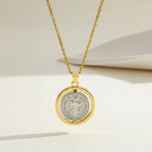 Geometric Double-Sided Copper Pendant Necklace Rotatable Stainless Steel Plated 18K Gold Elegant Vintage Religious Classic Style