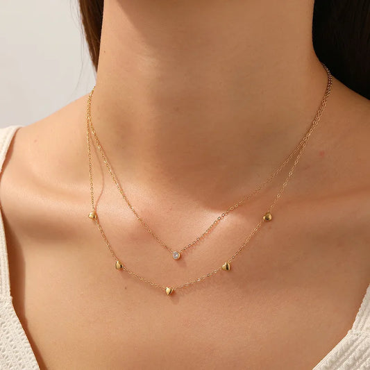 Gold-Plated 304 Stainless Steel Double-Layer Stacked Heart-Shaped Pendant Necklace With Inlaid Diamonds, Waterproof And Non-Fading, Simple Style
