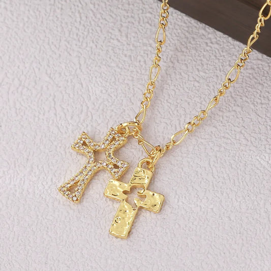 Gold-Plated Copper Bird Cross Necklace With Diamond Design, Stackable Clavicle Chain, Zircon Cable Chain