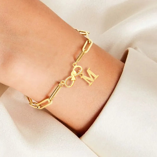 Gold Plated Retro Stainless Steel Initial Micro Paved Zirconium Infinite/8 Pendant Pin Chain Ladies Bracelet Simple Style