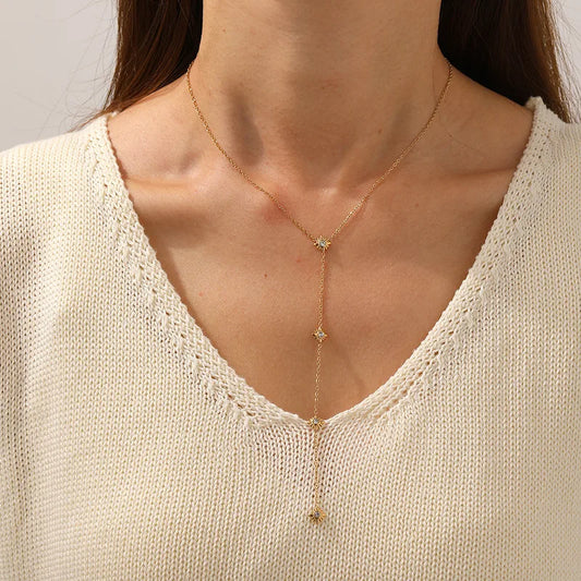 Inlaid 304 Stainless Steel Artificial Diamond Eight-Pointed Star Pendant Chain Tassel Long Starry Sky Collarbone Necklace