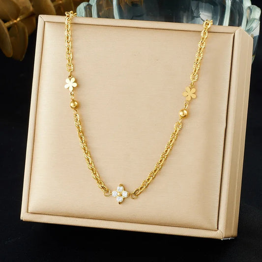 Irregular Chain 304 Stainless Steel Gold-Plated Inlaid Artificial Diamond Flower Pendant Necklace (Jewelry) Waterproof And Non-Fading