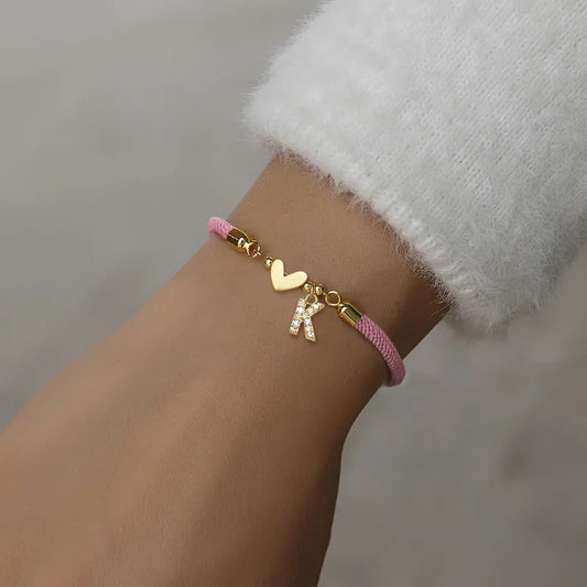 Micro Pave Zircon 18K Gold Plated Initial Heart Adjustable Women's Pink Bracelet Waterproof Non-Fading Pure Cord Drawstring Bracelet Nylon Copper Material