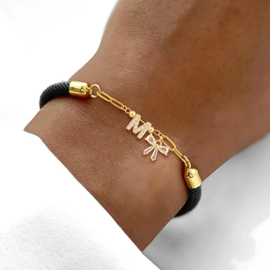 Minimalist Micro Pave Zirconia 18K Gold Plated Initial Bow Pendant Adjustable Women's Bracelet