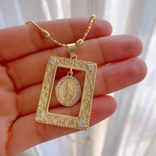 Mysterious Totem Pendant Necklace Gold Plated With Zircon Vintage Frame Jewelry Accessory