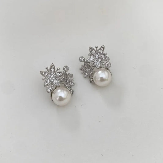 Pearl Zircon Flower Stud Earrings Set For Women Simple Rose Gold Earrings