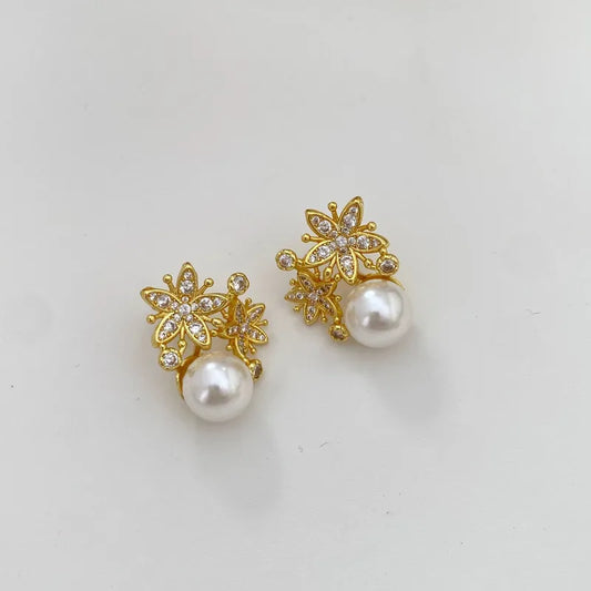 Pearl Zircon Flower Stud Earrings Set For Women Simple Rose Gold Earrings