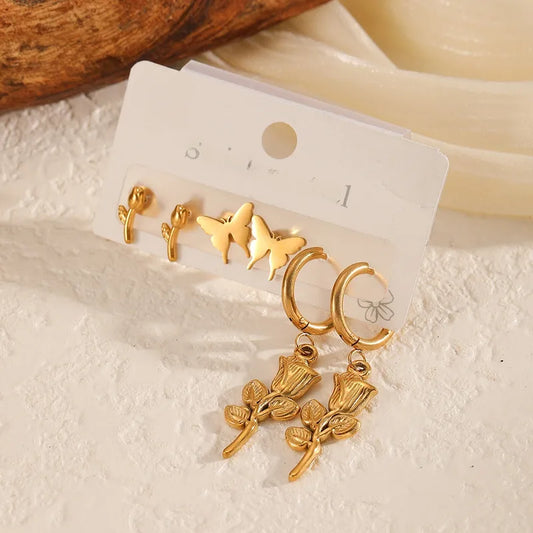 Rose Gold Plated Stainless Steel Heart Earrings Set Ladies Bowknot Ear Jewelry Minimalist With Quartz