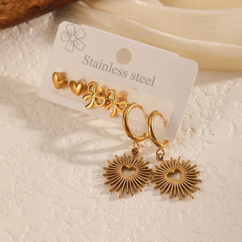 Rose Gold Plated Stainless Steel Heart Earrings Set Ladies Bowknot Ear Jewelry Minimalist With Quartz