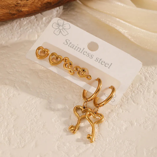 Rose Gold Plated Stainless Steel Heart Earrings Set Ladies Bowknot Ear Jewelry Minimalist With Quartz