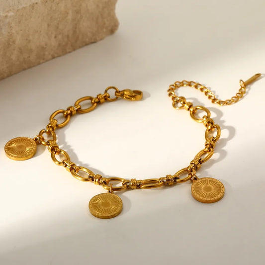 Round Flower Vacuum Plating (In Furnace) 304 Stainless Steel No Inlay Material Plated 18K Real Gold Lobster Clasp Handmade Chain Bracelet For Women