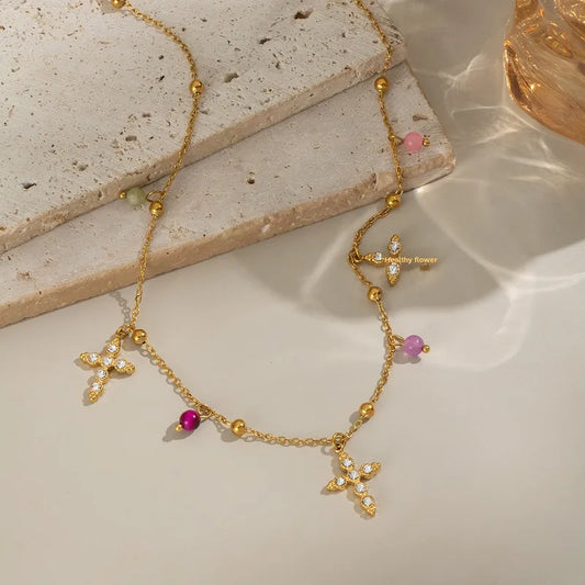 Simple Diamond Cross Pendant Natural Gemstone Inlaid Titanium Steel Necklace For Women Elegant Color Retention Geometric Pattern