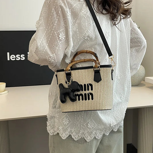 Spring Fashion Color Block Grass Woven Bamboo Node Bucket Bag Women's Crossbody Shoulder Bag Handbag Vegetable Basket Style