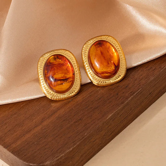 Stainless Steel Titanium Metal Pearl Amber Stone Earrings Ladies Geometric Earrings