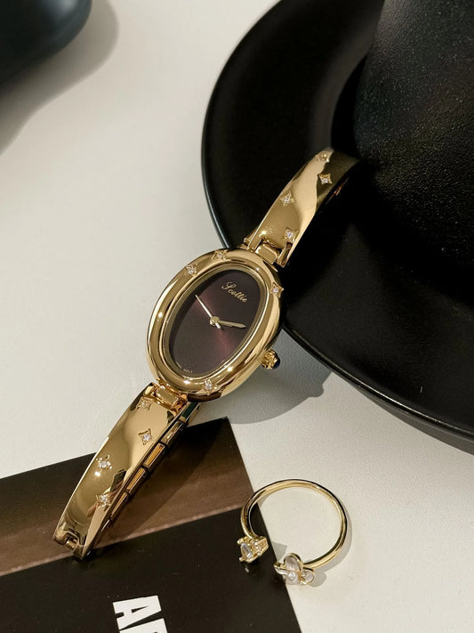 Stylish Quartz Women's Watch With Oval Bath Bracelet Simple Luxury Gold Handbag Poetic Gaudi Elegant Timepiece For Ladies