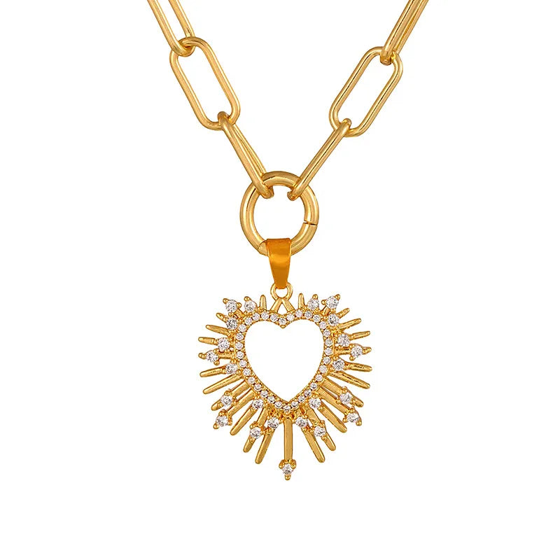 Sun-shaped Zircon Inlaid Copper Pendant Necklace Valentine's Day Gift Cool-tone Heart-shaped