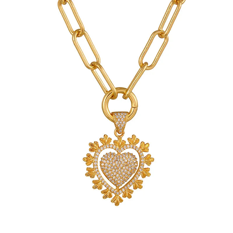 Sun-shaped Zircon Inlaid Copper Pendant Necklace Valentine's Day Gift Cool-tone Heart-shaped
