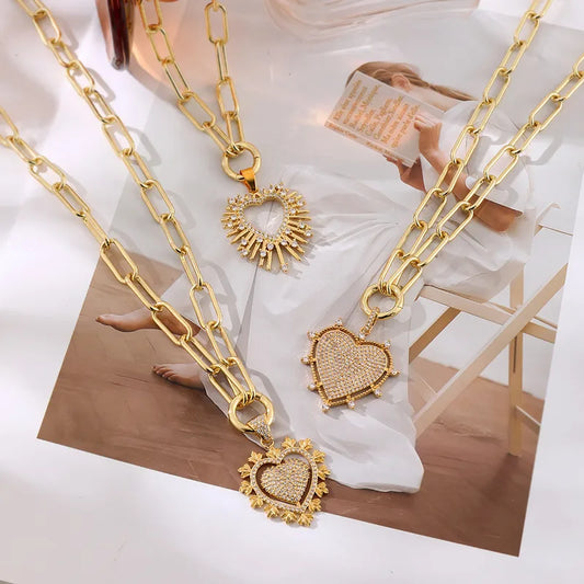 Sun-shaped Zircon Inlaid Copper Pendant Necklace Valentine's Day Gift Cool-tone Heart-shaped